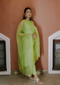 Green Pintuck Anarkali Set with Organza Dupatta