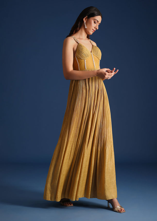 Green Pleated Jumpsuit With Cutdana Work