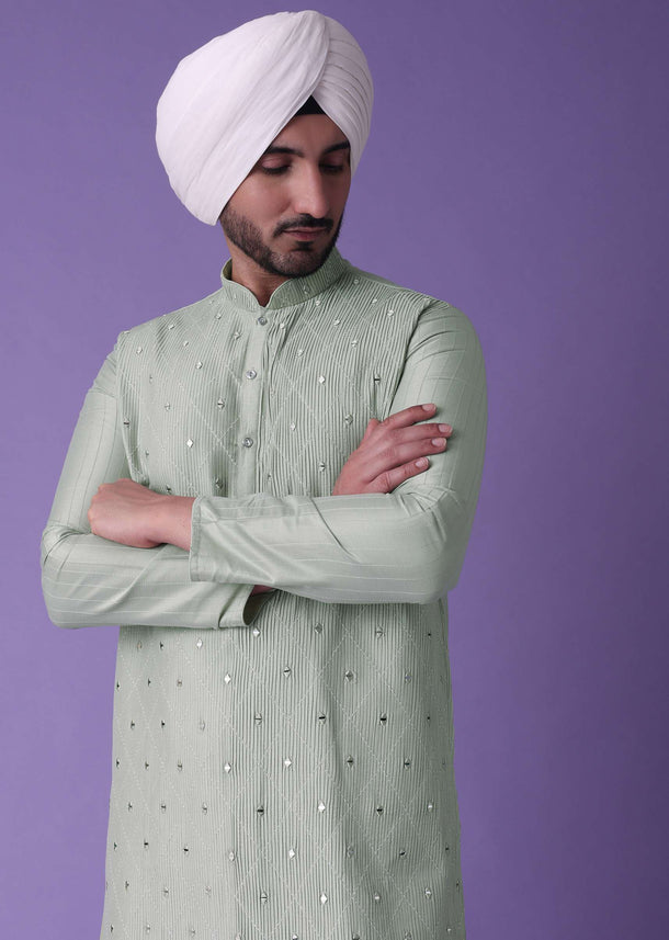 Green Pleated Kurta Set in Cotton Silk With Mirror Work