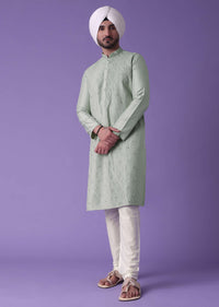 Green Pleated Kurta Set in Cotton Silk With Mirror Work