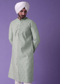 Green Pleated Kurta Set in Cotton Silk With Mirror Work