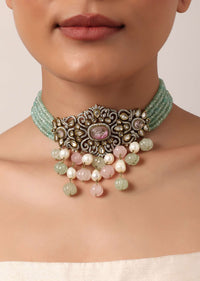 Green Polki Mossanite Choker Set With Green Beads