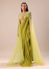 Green Pre Stitched Saree With Blouse And Zardozi Draped Cape