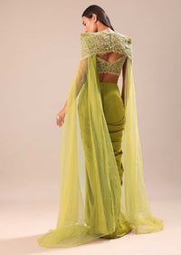 Green Pre Stitched Saree With Blouse And Zardozi Draped Cape