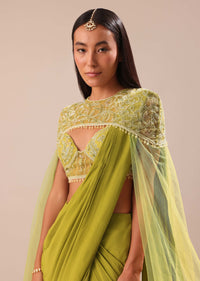 Green Pre Stitched Saree With Blouse And Zardozi Draped Cape