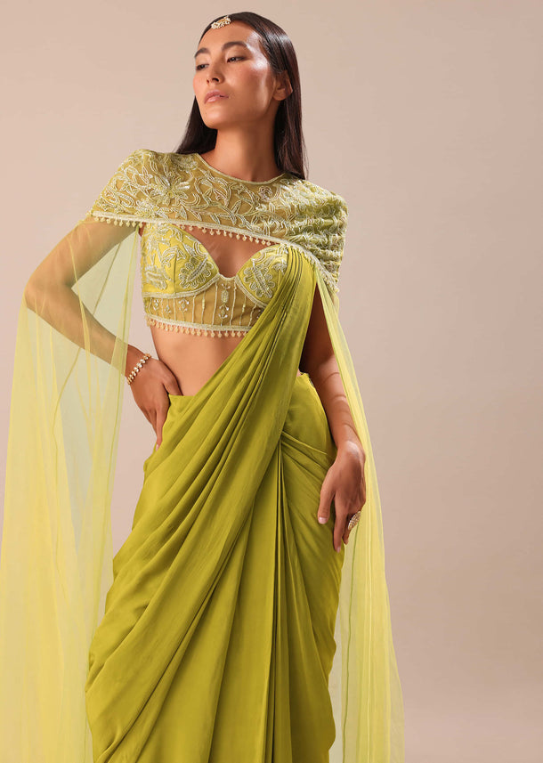 Green Pre Stitched Saree With Blouse And Zardozi Draped Cape