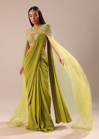 Green Pre Stitched Saree With Blouse And Zardozi Draped Cape