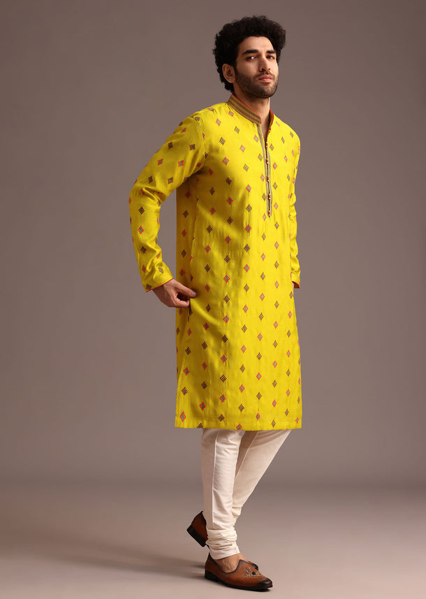 Green Print Silk Kurta And Pyjama