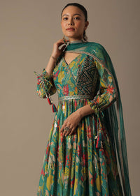 Green Printed Anarkali Set With Gota Patti Work And Belt