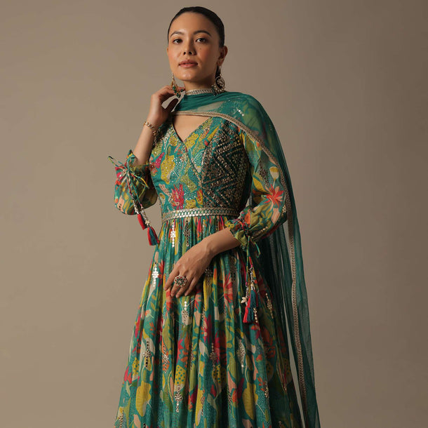 Green Printed Anarkali Set With Gota Patti Work And Belt