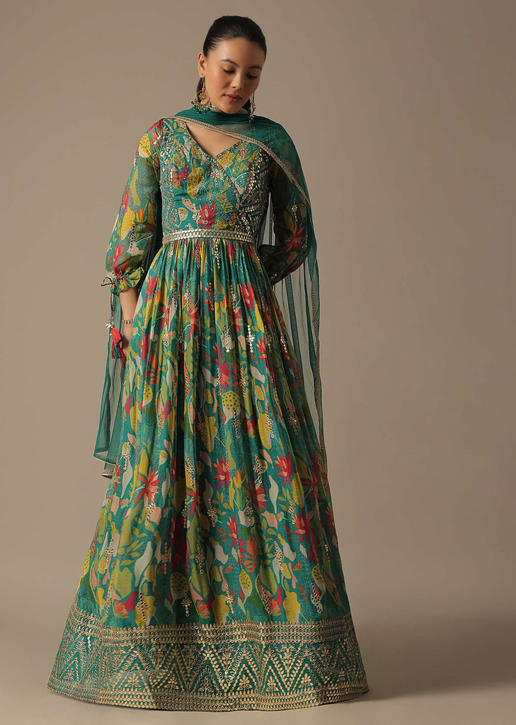 Green Printed Anarkali Set With Gota Patti Work And Belt