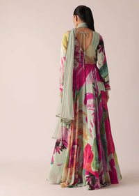 Green Printed Anarkali Set With Floral Motifs