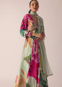 Green Printed Anarkali Set With Floral Motifs