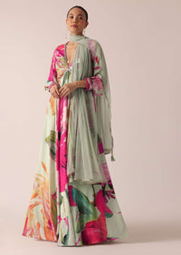 Green Printed Anarkali Set With Floral Motifs