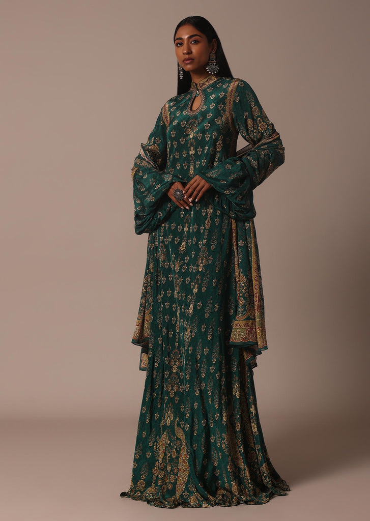 Green Printed Anarkali Set With Stone Work