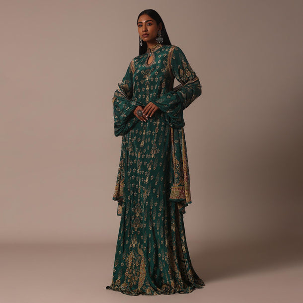 Green Printed Anarkali Set With Stone Work