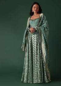 Green Printed Anarkali Suit Set In Banarasi Silk