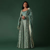 Green Printed Anarkali Suit Set In Banarasi Silk