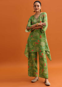 Green Printed Asymmetrical Kurta And Pant