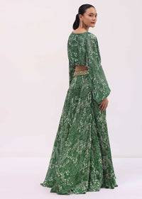 Green Printed Chiffon Crop Top And Skirt