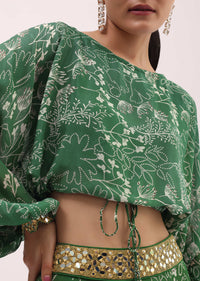 Green Printed Chiffon Crop Top And Skirt