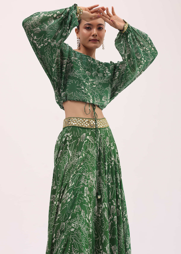 Green Printed Chiffon Crop Top And Skirt