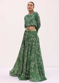 Green Printed Chiffon Crop Top And Skirt