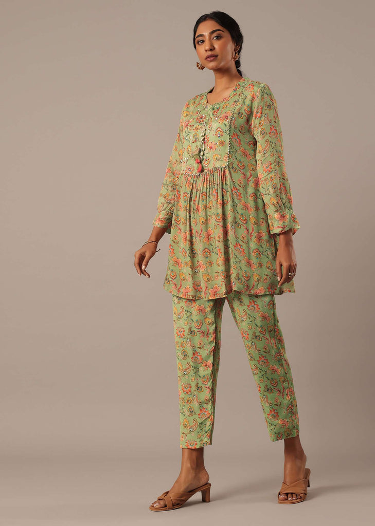 Green Printed Chiffon Kurta Set With Sequin Work