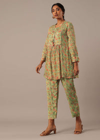 Green Printed Chiffon Kurta Set With Sequin Work