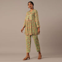 Green Printed Chiffon Kurta Set With Sequin Work