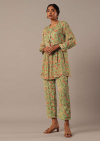 Green Printed Chiffon Kurta Set With Sequin Work