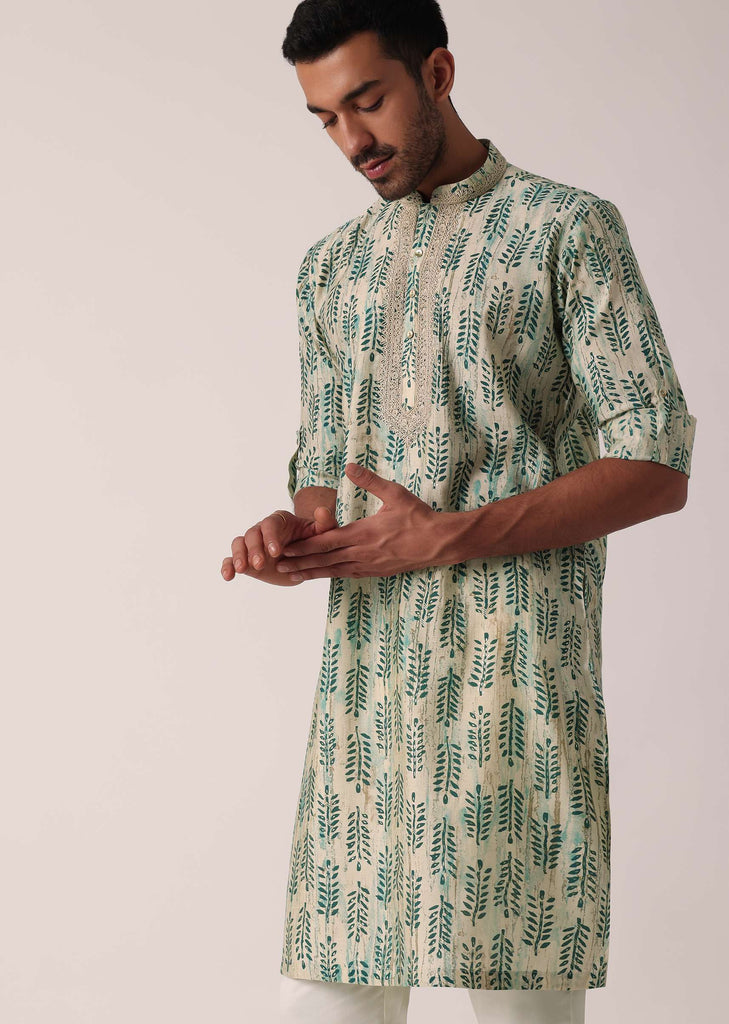 Green Printed Cotton Kurta For Men