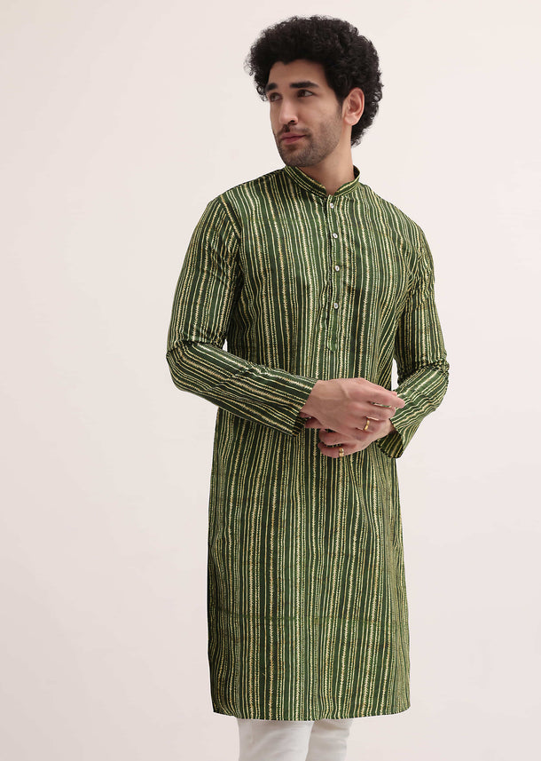 Green Printed Cotton Kurta Set For Men