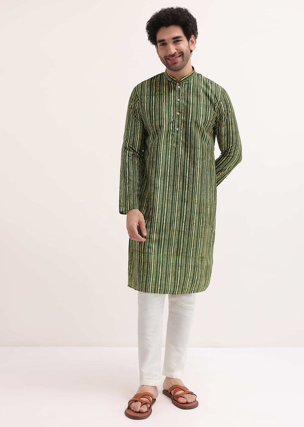 Green Printed Cotton Kurta Set For Men