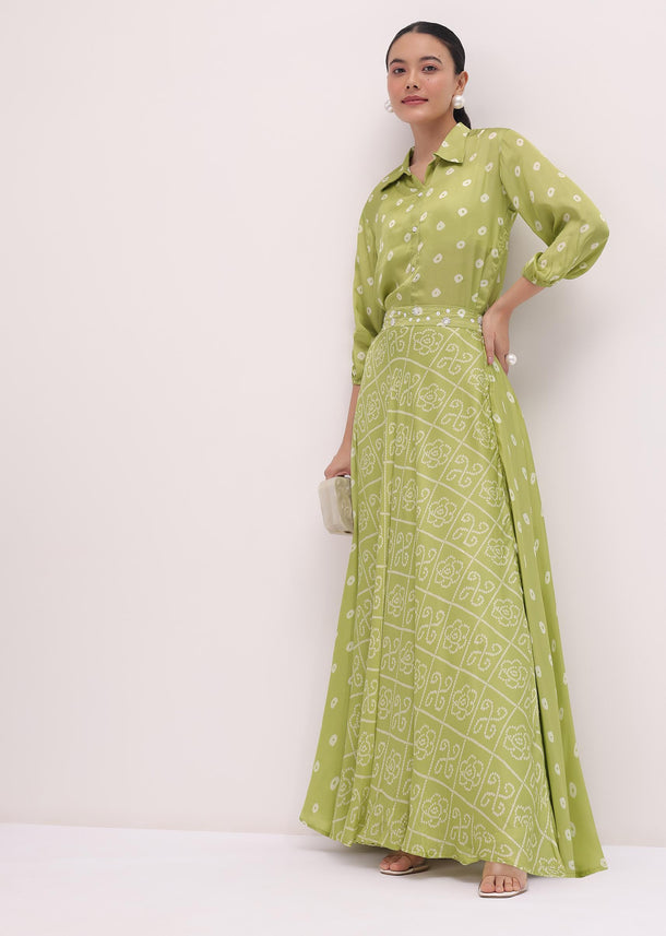 Green Printed Crepe Shirt And Skirt