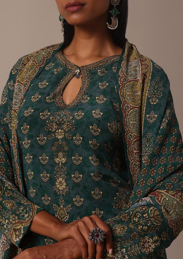 Green Printed Crepe With Stone Work Kurta Palazzo Set