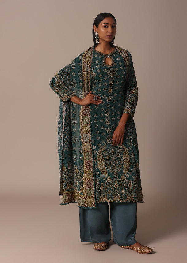 Green Printed Crepe With Stone Work Kurta Palazzo Set