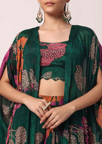 Green Printed Dhoti Set With Jacket