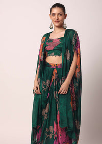 Green Printed Dhoti Set With Jacket