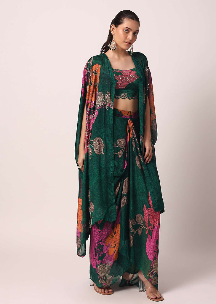 Green Printed Dhoti Set With Jacket