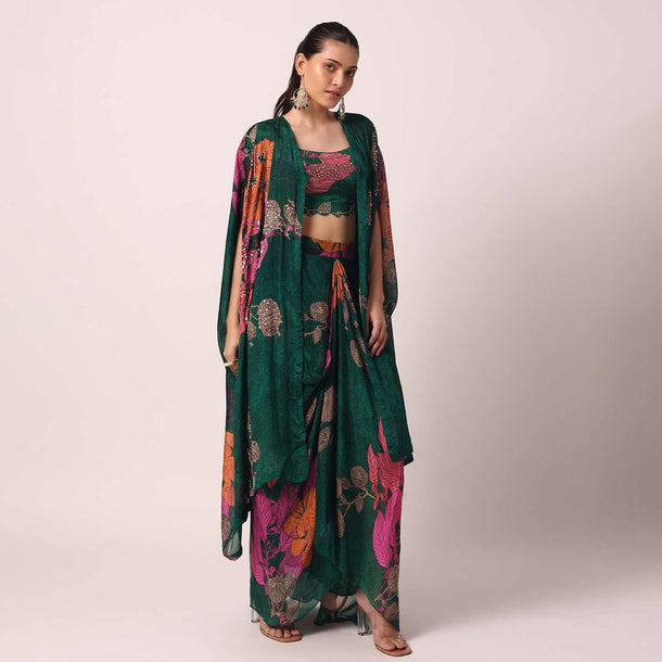 Green Printed Dhoti Set With Jacket