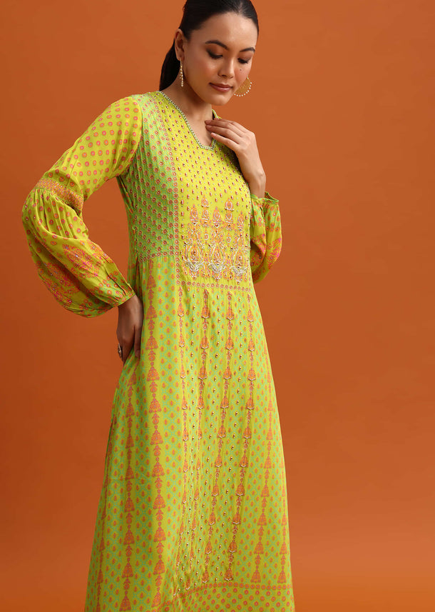 Green Printed Embellished Long Kurta Set