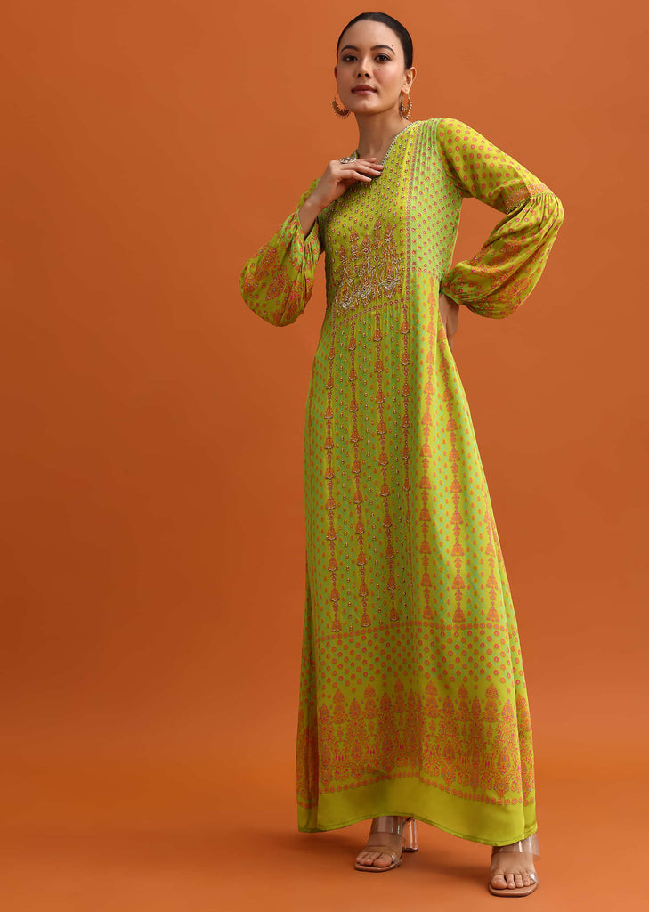 Green Printed Embellished Long Kurta Set