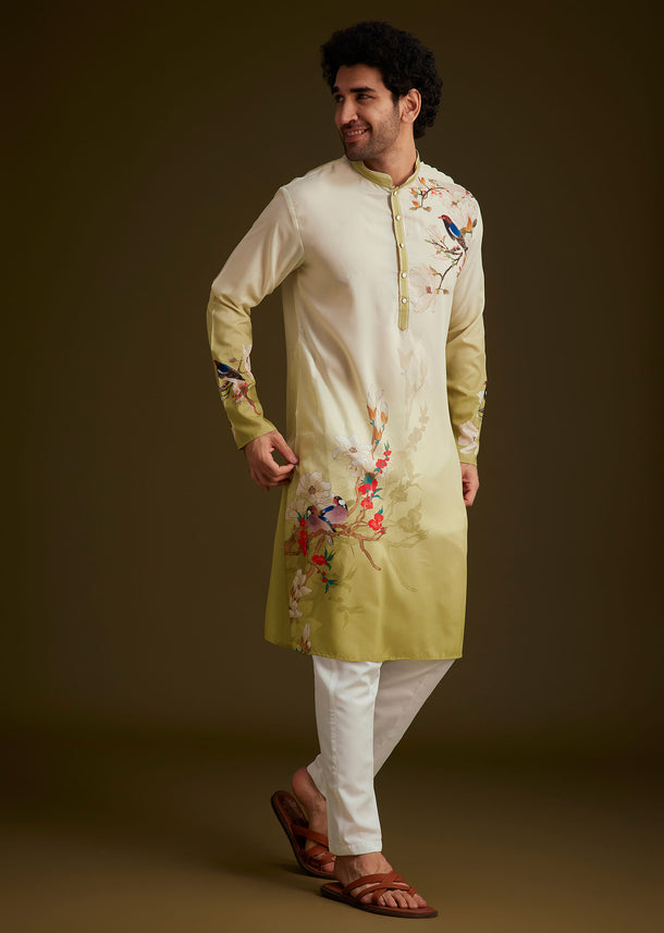 Green Bird Printed Kurta Set