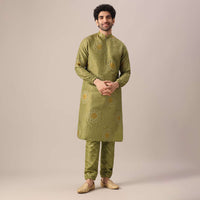 Green Printed Kurta Set In Brocade