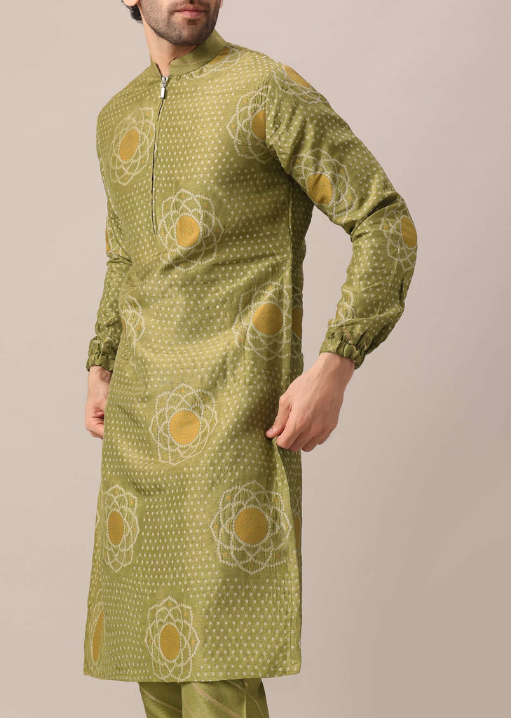 Green Printed Kurta Set In Brocade