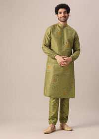 Green Printed Kurta Set In Brocade