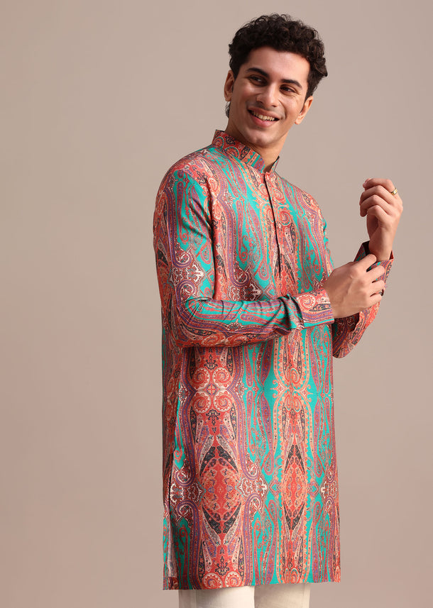 Green Printed Kurta For Men