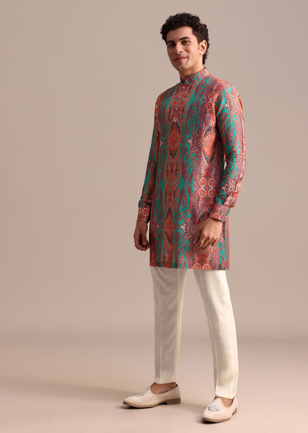 Green Printed Kurta For Men