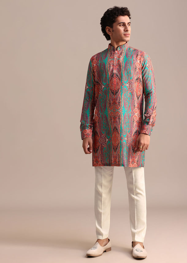 Green Printed Kurta For Men